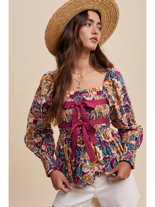 Floral Puff Sleeve Blouse with Bow Detail